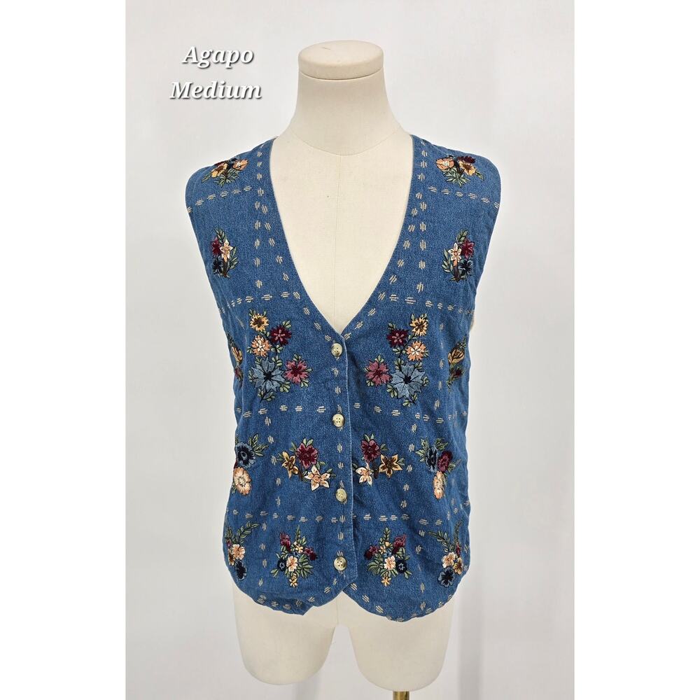 Vintage Agapo Cottagecore Collection‎ Embroidered Denim Vest